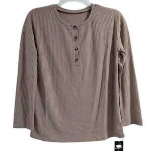 Flamingals Women Taupe Ribbed Henley Long Sleeve Top Size Medium
